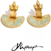 Yhpup Stainless Steel Enamel Fan Geometric Retro Earrings Stylish Vintage Unique Design Attractive Fashion Jewelry Accessories