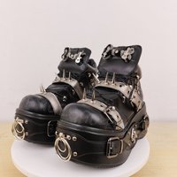 Silver Buckle Spikes Black Round Toe Platform Boots Slip On Women Shoes High Top Fashion Party Banquet 2025 Zapatos Para Mujere