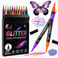 48 colors Glitter Effect Brush Markers,Dual Tip Dual Color Brush Shimmer Marker for Doodle Writing,Glitter Art Crafts Adults DIY
