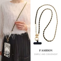 Trendy And Fashionable Long Pearl Chain Mobile Phone Lanyard Single Shoulder Crossbody Leather Woven Metal Mobile Phone Chain