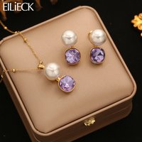EILIECK Purple Crystal Zirconia Pearl Necklace Earrings Trendy Stainless Steel Waterproof Jewelry Set Golden Metal Texture Women