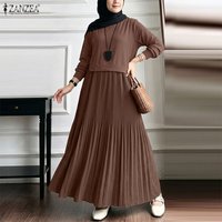 ZANZEA Muslim Modest Plisse Maxi Dress Women O-Neck Long Sleeve Patchwork Loose Abaya Robes Islamic Hijabis Ramadan Eid Kaftan