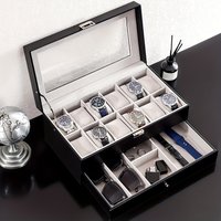 12 Watch Box Organizer Case with Jewelry Display Drawer Adjustable Tray Watch Storage Case for Men with Glass Top - Black PU Lea