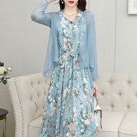 Beach Style Lapel Stylish Floral Printed Midi Matching Sets Bow 2025 Summer Two Piece Set Chiffon Female Bandage Bow Dress Sets