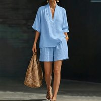 Ladies Linen V-Neck Short Sleeve Top & Pants Loose Casual Summer Two Piece Beach Outfit