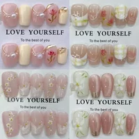 10Pcs Shiny Golden Edge Handmade Press On Nails Cute Flowers Gradients Cat Eyes Pearl Design Short Wearable Nail Tips Art