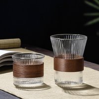 Glass Coffee Mug Japanese Style with Walnut Cup Sleeve, Transparent Kawaii Tea Mug, Cute Coffee Cup for Home Office