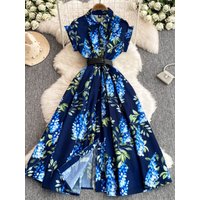 Slimming Floral Print Maxi Dress Stand Collar Gathered Waist A-Line Silhouette Short Sleeve Commute Ready Summer Fashion