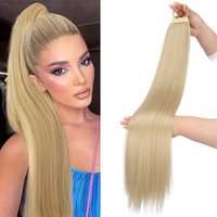 28Inch Synthetic Long Straight Ponytail Hair Extensions Blonde Brown Pony Tail with Elastic Band for Women Daily Use
