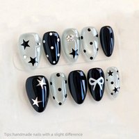 10pcs Y2k Black And Gray Cat Eye Polka Dots Short Almond Handmade Press-On Nails,For Women And Girls Vacation Or Everyday Wear