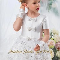 Meadow Pure White First Communion Gown Round Neck Short Sleeve Girls Princess Dress Rhinestone Bow Evening Party Dress for Girls