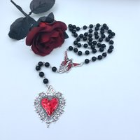 Sacred Heart Necklace Red Color Heart Necklace Gothic Jewelry Memento Mori Burning Heart Rosary Choker Witch Accessory Gift