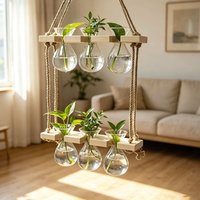 Creative Plant Wall Hanging Glass Vase Propagation Tubes with Wooden Stand Home Living Room Garden Office Hydroponic Decor