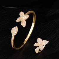 ZAKOL Luxury Sparkling Leaf Flower Micro-paved Zirconia Bracelet Ring for Women Exquisite Cuff Bangle Wedding Party Jewelry Set