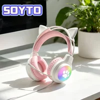 SOYTO Cute RGB Cat Ear Gaming Headset Wired 3D Surround Sound Headphone with Detachable Noise Canceling Mic for Gamer PC Laptop