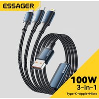 Essager 100W 7A USB Type C Fast Charger Cable 3 in 1 Fast Charging Cable for iPhone 15 14 13 12 ProMax Samsung Xiaomi Macbook