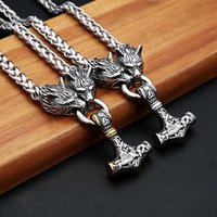 Retro Punk Nordic Celtic Style Double Wolf Clasp Thor's Hammer Pendant Necklace Nordic Amulet Jewelry For Men Festival Gifts