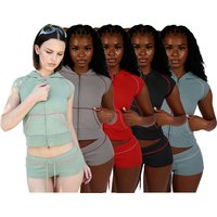 Trending 2026 Women's Waffle Knit 2-Piece Set - Zip-Up Hooded Top and Drawstring Shorts Outfit Sporty Lounge Tracksuit Sets
