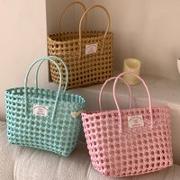 Summer Ins Woven Beach Bag Label Woven Storage Vegetable Basket Korean Vacation Travel Picnic Candy Color Women Beach Handbag