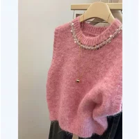 Pink Sequins Korean Knitted Vest Women Tops O Neck Solid Tank Mujer De Moda 2025 Summer New Fashion Female Sleeveless Casual Top