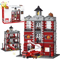 HUIQIBAO 1823pcs MOC Fire Station WIth Fire Truck Model Building Blocks Street View Brick City Educational Toy For Children Gift