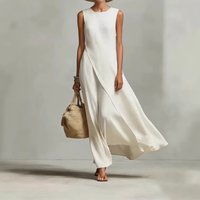 Elegant Solid Color Long Dress Summer Asymmetrical Hem Patchwork A-Line Dress New Sleeveless O Neck Tank Beach Vacation Dresses