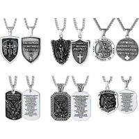 U7 Stainless Steel Archangel St. Michael Necklace Patron Saint of Police Sword Cross Shield Tag Rectangle Amulet Unisex Jewelry