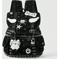 Punk Academy Black Backpack, Cat Star Wing Paw Decor, Striped Multi-Pocket Design, Large Capacity Casual Bag For Men Women, Work