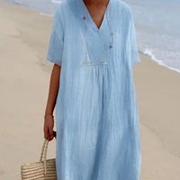 New Women's Loose Long Dress V-neck Cotton Linen Pink Elegant Vacation Beach Midi Skirt
