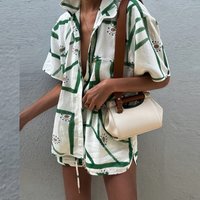 Ladies Fashion Beach Loose Suit 2025 Summer Casual Lapel Button Shirt & Shorts Outfit Contrast Color Striped Printed 2 Piece Set