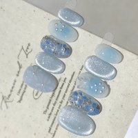 10pcs Short Almond False Nails Blue Gradient Fake Nails Hand Painted Flowers Pearl Stick on Nails Shiny Cat Eye Press on Nail