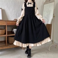 2025 New Sweet Kawaii Stand Collar Long Sleeve Bow Tops Women+Y2k Mid-length Loose Black Strap Dresses Spring Autumn 2 Piece Set