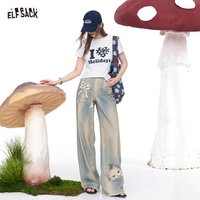 ELFSACK Cool Wide Leg Jeans with Cute Cat and Bow Print, Streetwear Denim Pants for Women's Summer Outfit