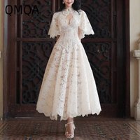 QMQA Fashion Women's Evening Dresses Embroidered Lace High Waist Slimming Spliced Shawl Elegant Dress 2026 Female New QM1185