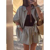 Summer Women's Striped Shirt Casual Shorts Suit Women's Two-piece Set Women's Beach Style Women's Knitted Suit Matching Pants