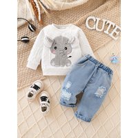 Unisex Baby Elephant Appliqué Quilted Sweatshirt & Distressed Denim Joggers 2-Piece Set