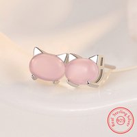 Real 925 Stelring Silver Jewelry Opal Cute Cat Stud Earrings For Woman Fashion New XY0278