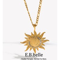 E.B.belle Stainless Steel Sun Pendant Charm Necklace With Moon Pattern Zircon Stone Sweet Style Tarnish Free Gold Plated Jewelry