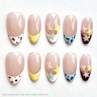 10pcs Handmade Nude Pink Star Polka Dot Press On Nails Almond Long Cute Sweet Fake Nails Colorful Decor False Nail