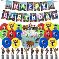 Cartoon Roblox Blue Balloons Theme Birthday Party Decorations Virtual World Background Supplies Banner Cake Topper Kid Toy Gifts