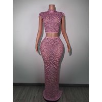 Sparkly Pink Diamonds Crop Top Long Skirt 2-PCS Set Sexy Celebrate Evening Prom Holiday Birthday Dress Photo Shoot Wear Fenbei