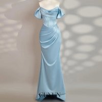 CUYUN Sky Blue Mermaid Satin Women Party Dresses Formal Occasion Off the Shoulder Long Pleated Customized Prom Dress with Bow