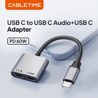 CABLETIME USB C to Dual USB C Adapter Headphone and PD 60W Fast Charger Aluminium Adapter Hi-Fi for IPhone 16 HUAWEI