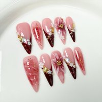 10Pcs French Pink Gentle False Nail Autumn Light Luxury Long Stiletto Floral Rhinestone Design Finished Manicure Full Cover Nail