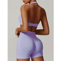 2pcs Seamless Halter Neck Yoga Suit Jacket for Women Sports Bras Shorts Beauty Back Top Running Fitness Pants Stretch Tight Set
