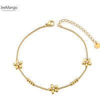 JeeMango Stainless Steel Cubic Zirconia Flower Anklet Bracelet for Women 18K Gold Plated Chain Jewelry браслет на ногу JA24015