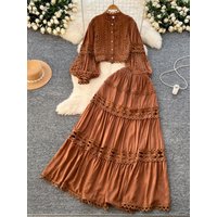 High Waist Lace Splice ort Lantern Sve Blouse And Skirt Set for Women Autumn Winter Faion Ensemble
