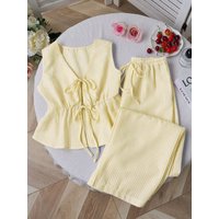 2026 Summer Two Piece Set Women Striped V Neck Lace Up Sleeveless Blouse High Waist Wide Leg Pants Suits Sweet Casual Tracksuits