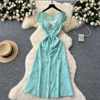 Chic lace Embroidered hollow out sweet Ruffle A-line Vintage Dress Elegant High Waist Korean Fashion Vestidos