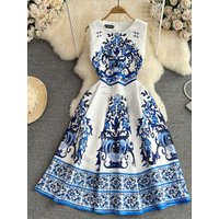 Women Elegant Party Dress Summer Fashion Round Neck Sleeveless Printed Blue Dresses Ladies Vintage Slim A-line Long Dress